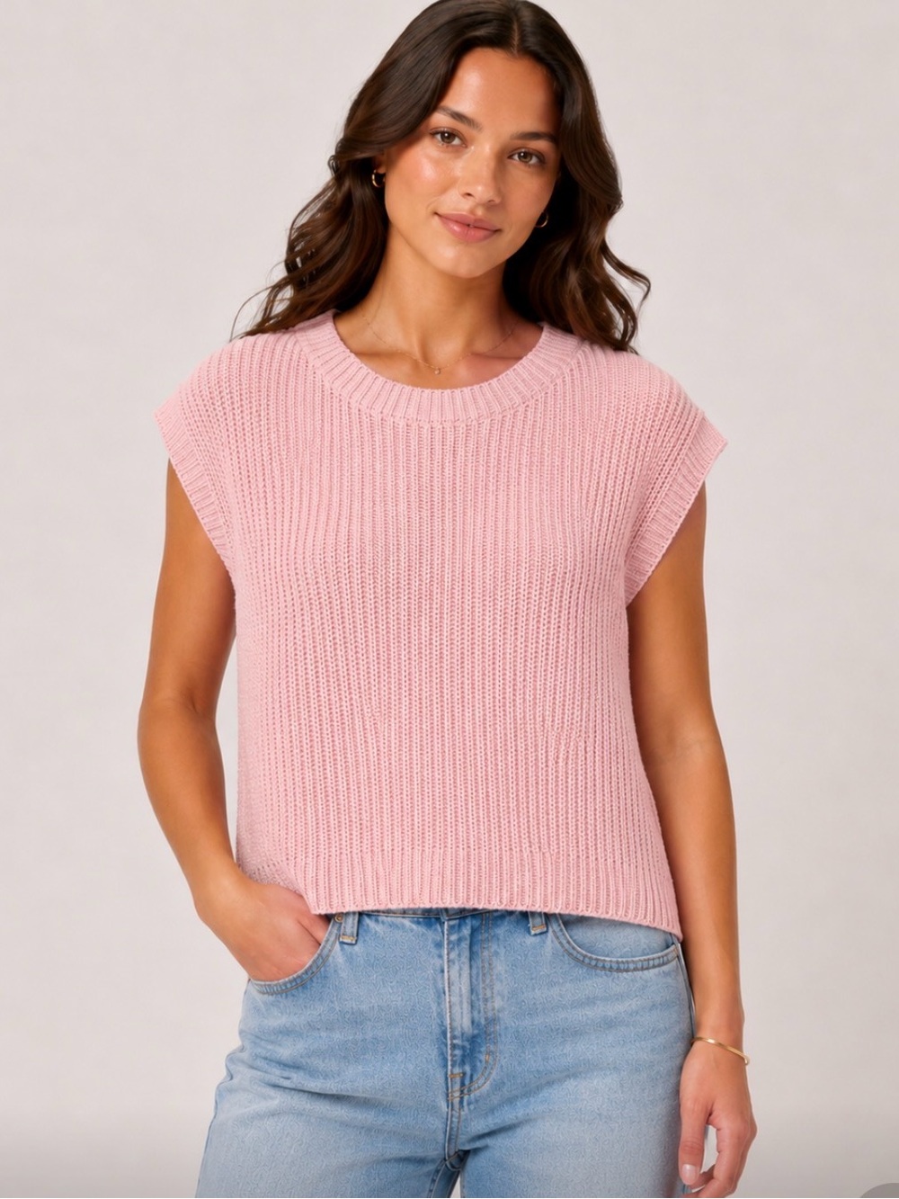 Anthro‎ Self Contrast Pink Knit Cap Sleeve Sweater Top small